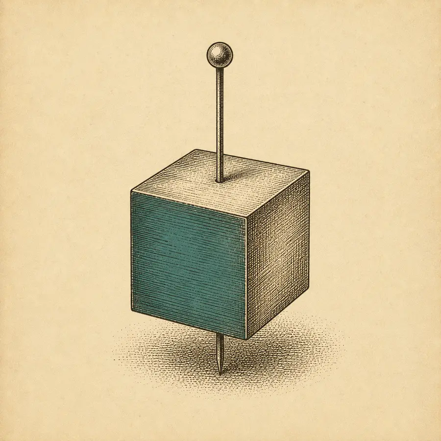 Engraving of a paper cube pinned like a specimen, its front face washed in teal