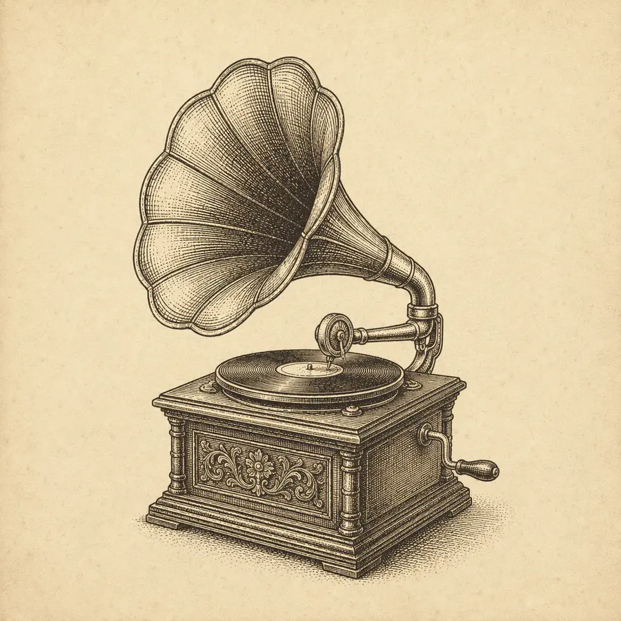Copperplate engraving of a vintage gramophone