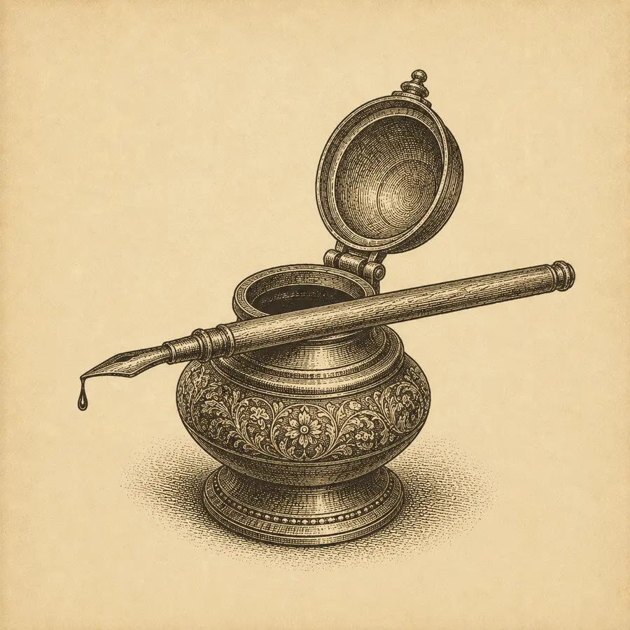 Engraving of an Indian brass inkpot with a reed pen, the Syahi house mark
