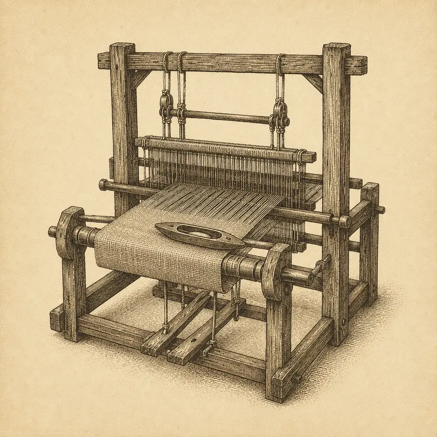 Copperplate engraving of a wooden handloom